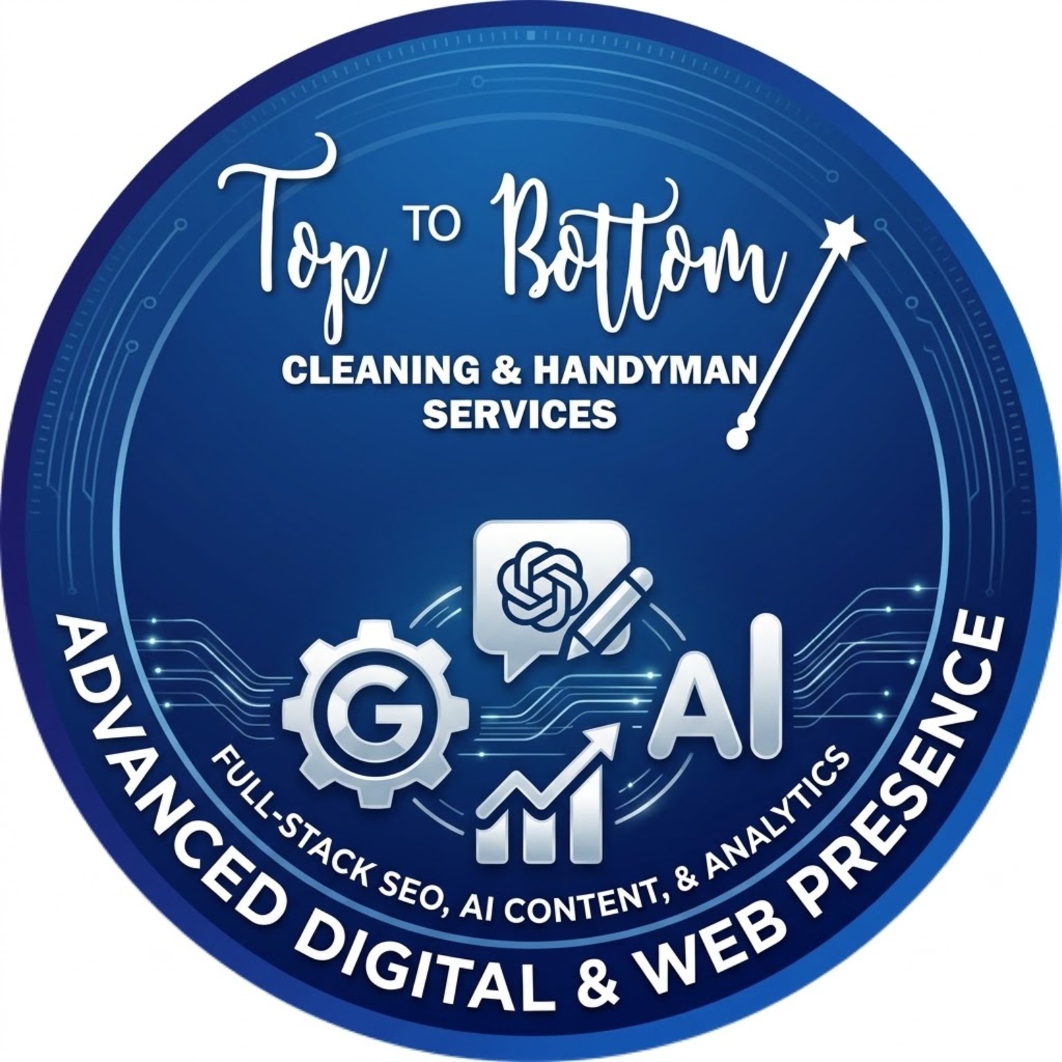 SEO AI Optimizer original logo with Top to Bottom branding and SEO, AI and analytics graphics